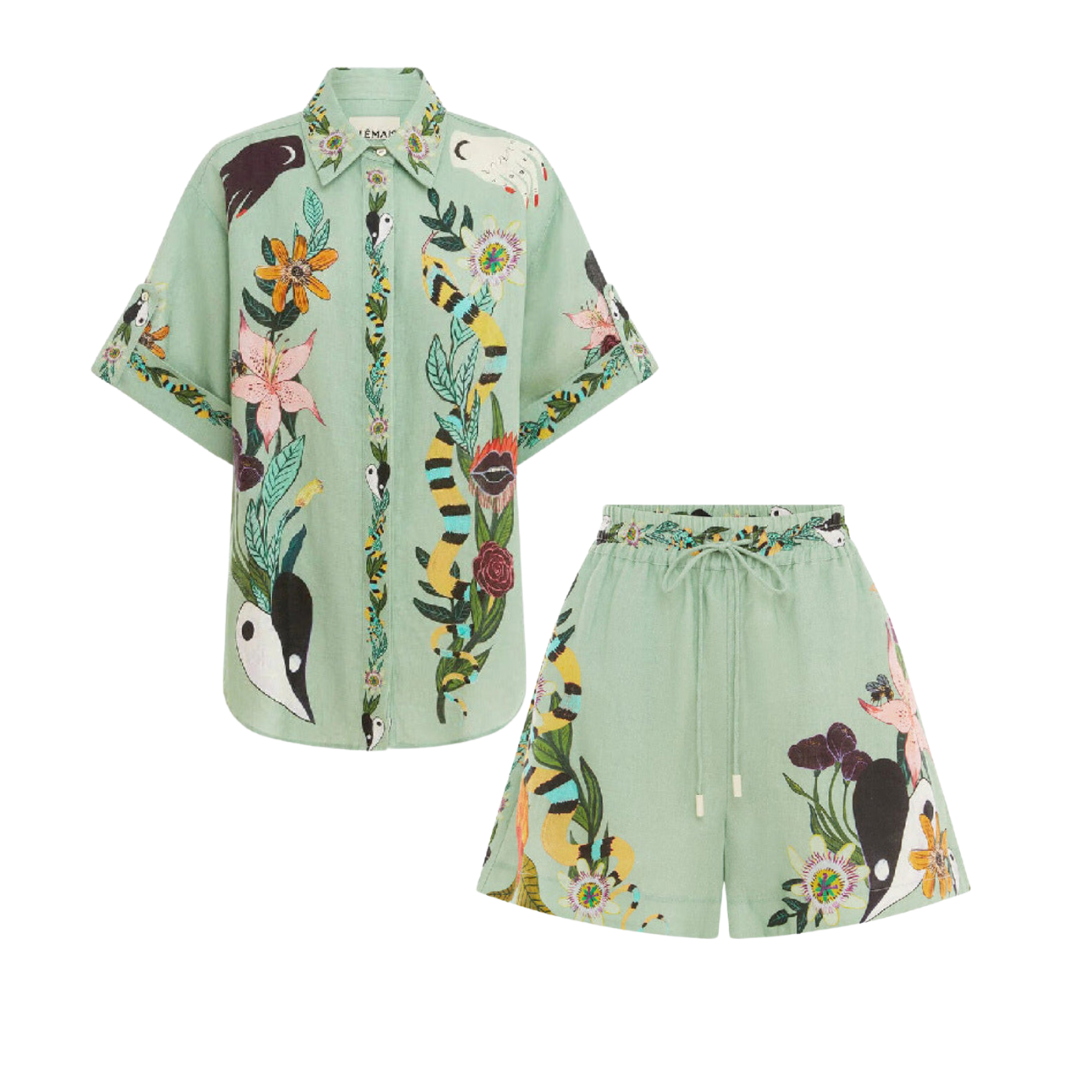 Two Piece Print Linen Button Down Top and Shorts Set