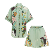  Two Piece Print Linen Button Down Top and Shorts Set