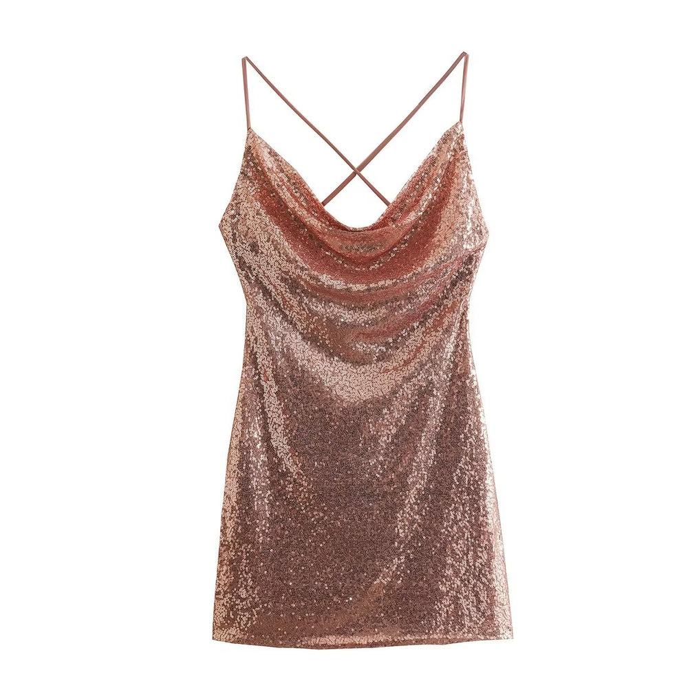 Cross Back Spaghetti Strap Sequin Mini Dress