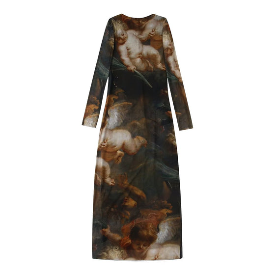 Crew Neck Sheer Renaissance Painting Print Maxi Dress