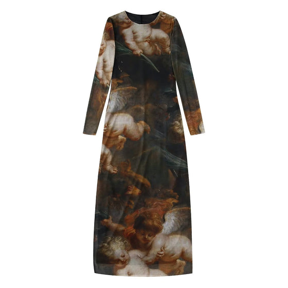 Crew Neck Sheer Renaissance Painting Print Maxi Dress