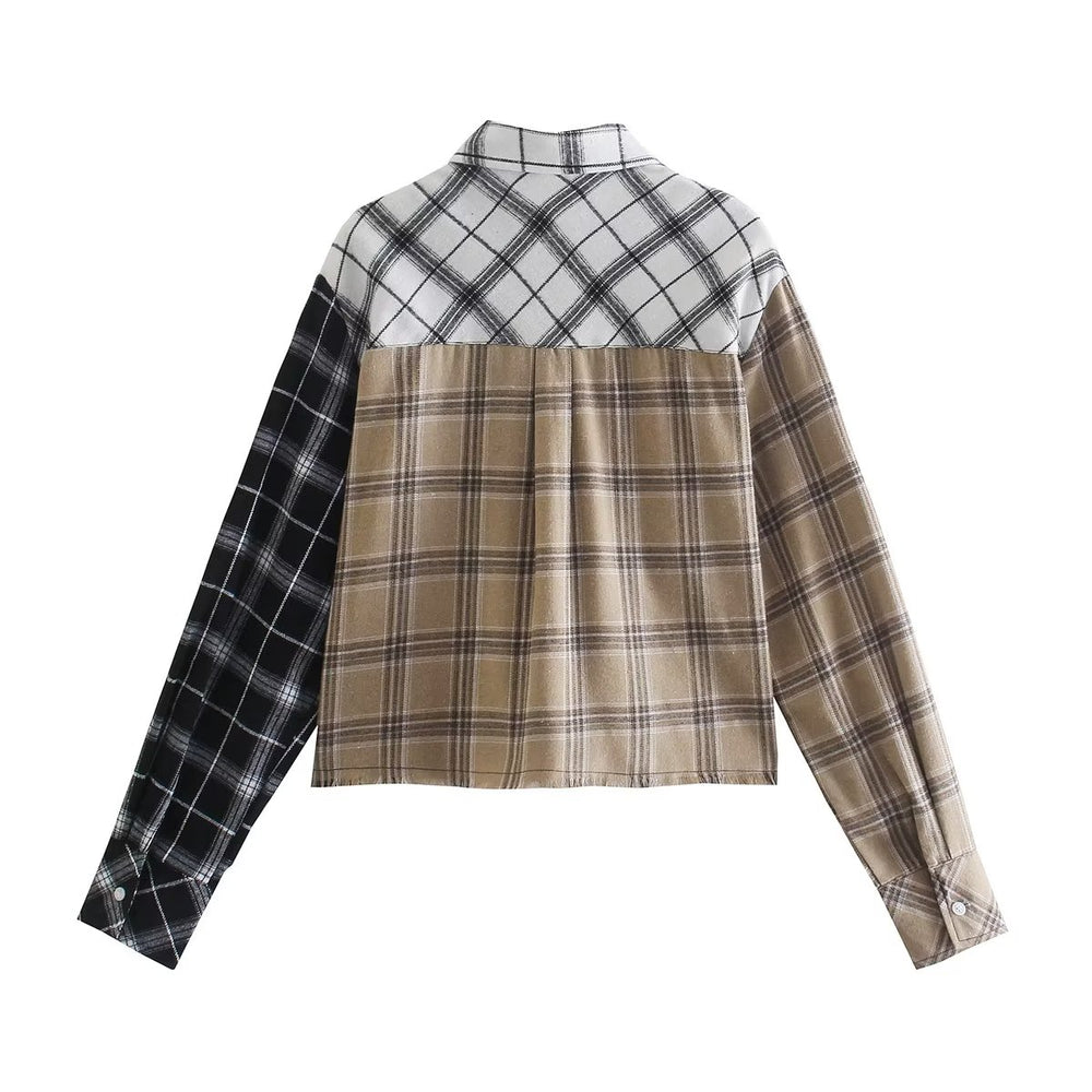 
                  
                    Patchwork Button Up Plaid Collared Shirt
                  
                