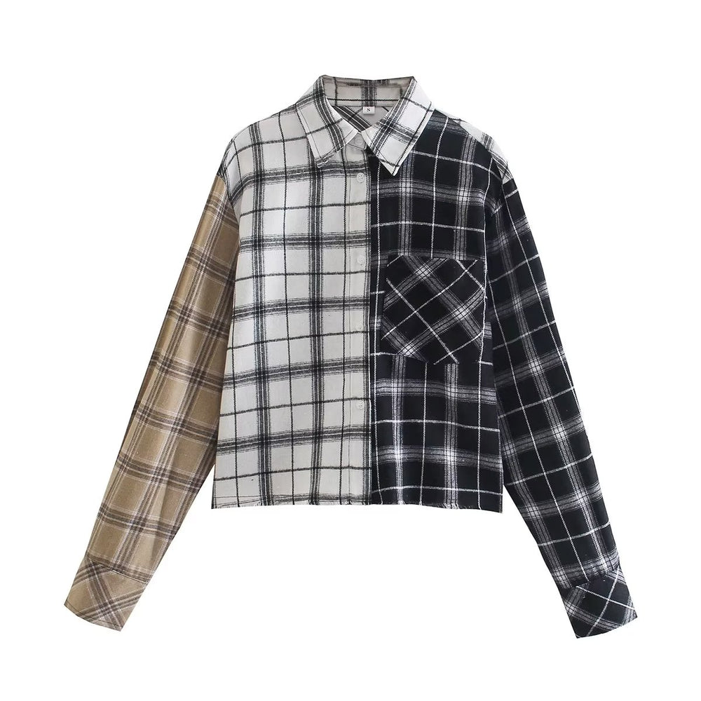 
                  
                    Patchwork Button Up Plaid Collared Shirt
                  
                