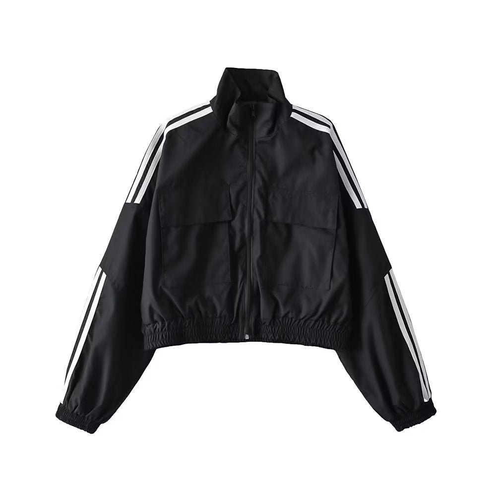 Striped Sleeve Zip Up Wind Breaker Jacket