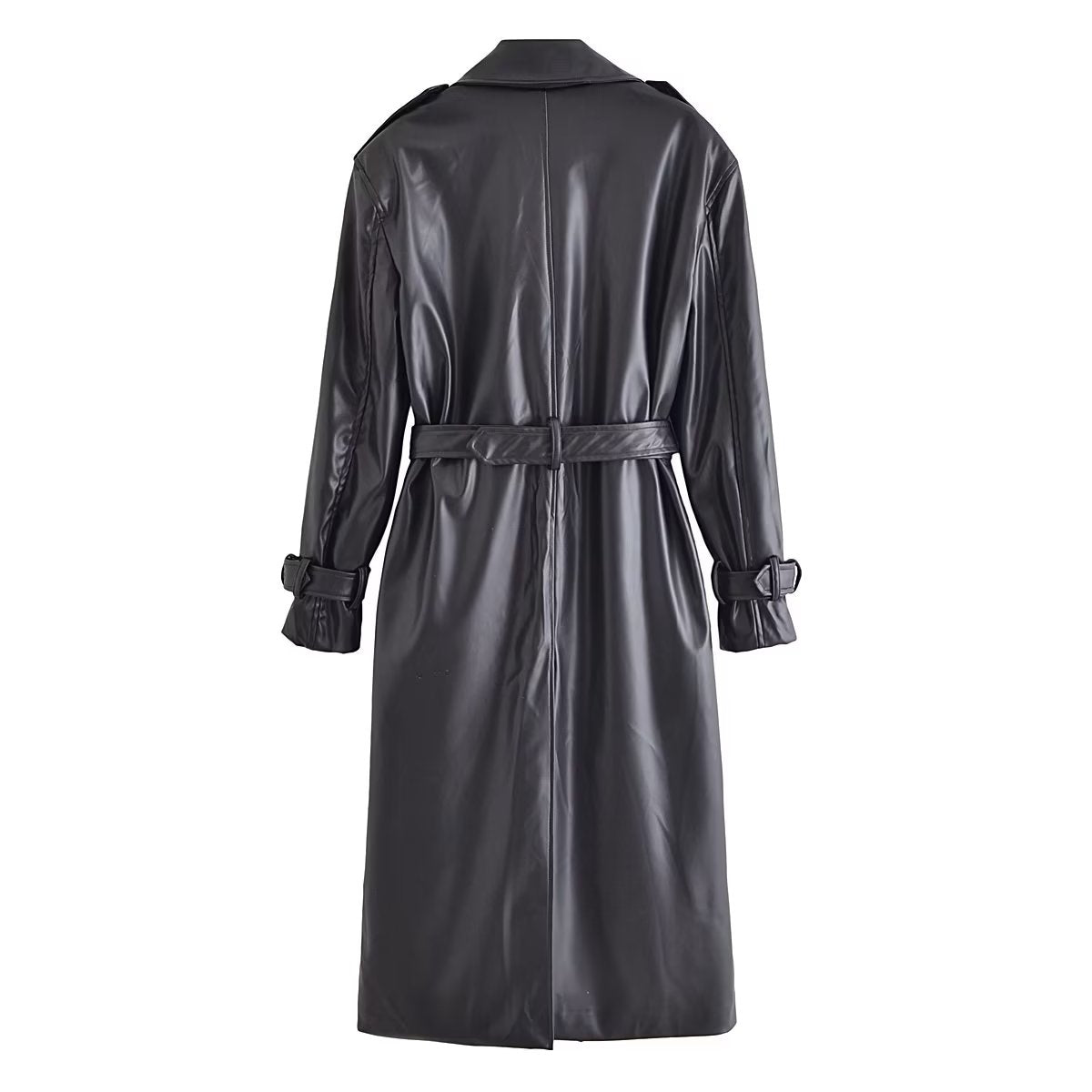 Black Faux Leather Belted Trench Coat