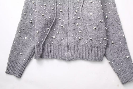 Pearl Embellished Zip Up Sweater