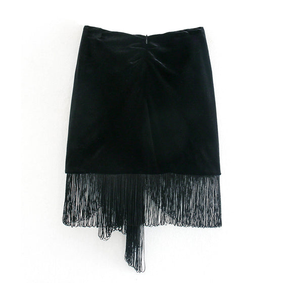 Velvet Tied Front Skirt with Fringe Hem