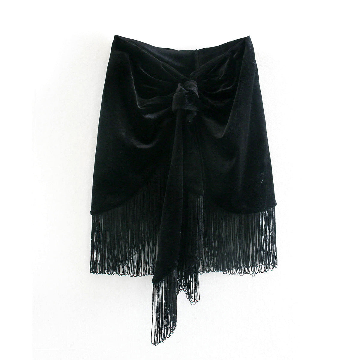 Velvet Tied Front Skirt with Fringe Hem