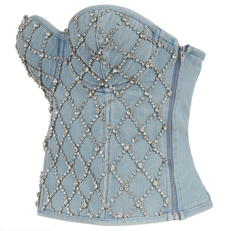 Rhinestone Embellished Denim Corset Top