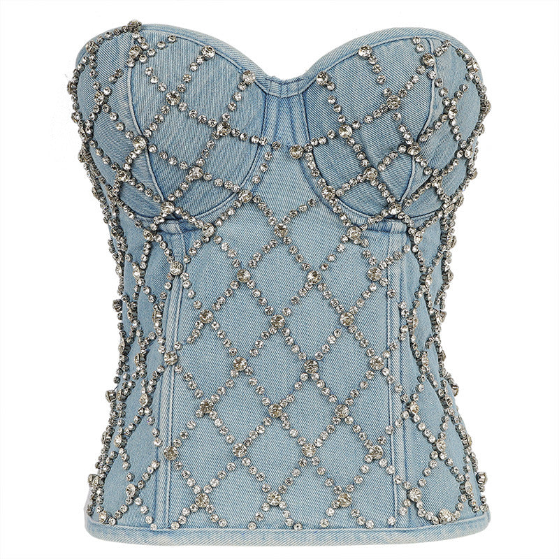 Rhinestone Embellished Denim Corset Top