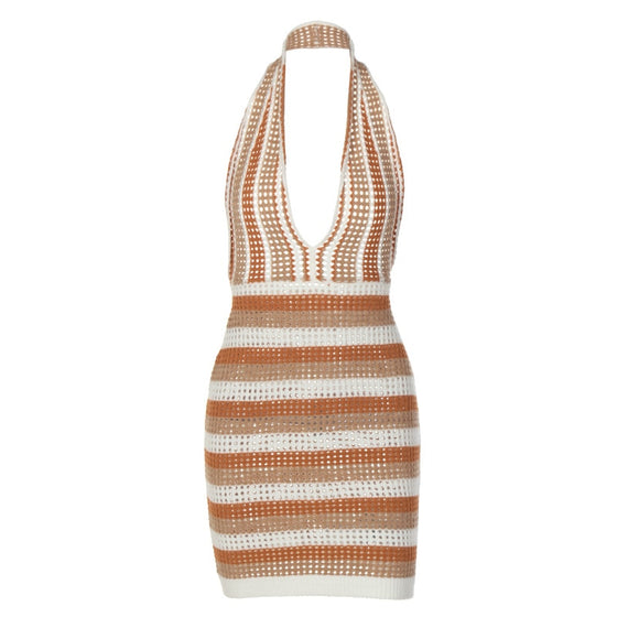 Stripe V-Neck Halter Mini Dress