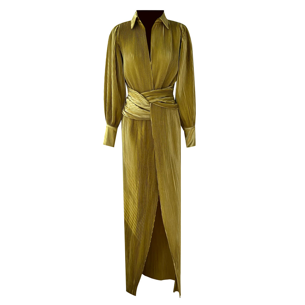 Long Sleeve Wrap Belt Maxi Dress