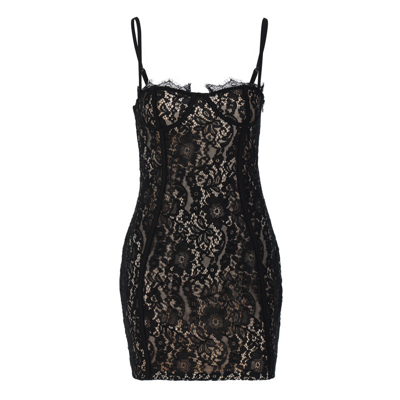 Spaghetti Strap Lace Black Mini Dress