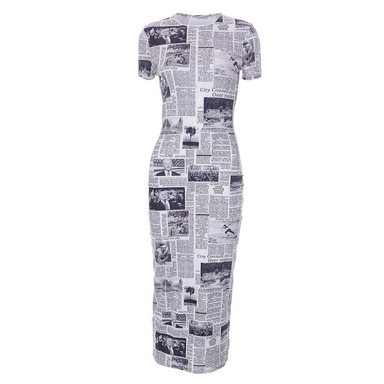 Newspaper Print Short Sleeve Midi Dress