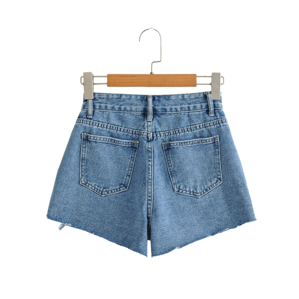 
                      
                        Asymmetric Waist Raw Edge Denim Shorts
                      
                    