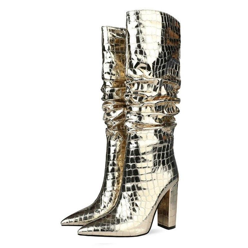 Square Heel Pointy Toe Metallic Heeled Boots