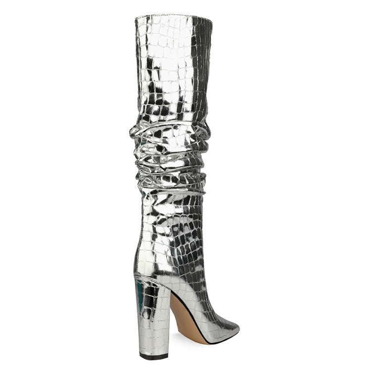 
                  
                    Square Heel Pointy Toe Metallic Heeled Boots
                  
                