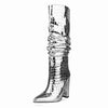Square Heel Pointy Toe Metallic Heeled Boots