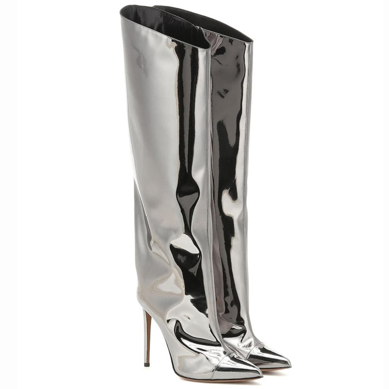 Pointed Toe Metallic High Heel Tall Boots