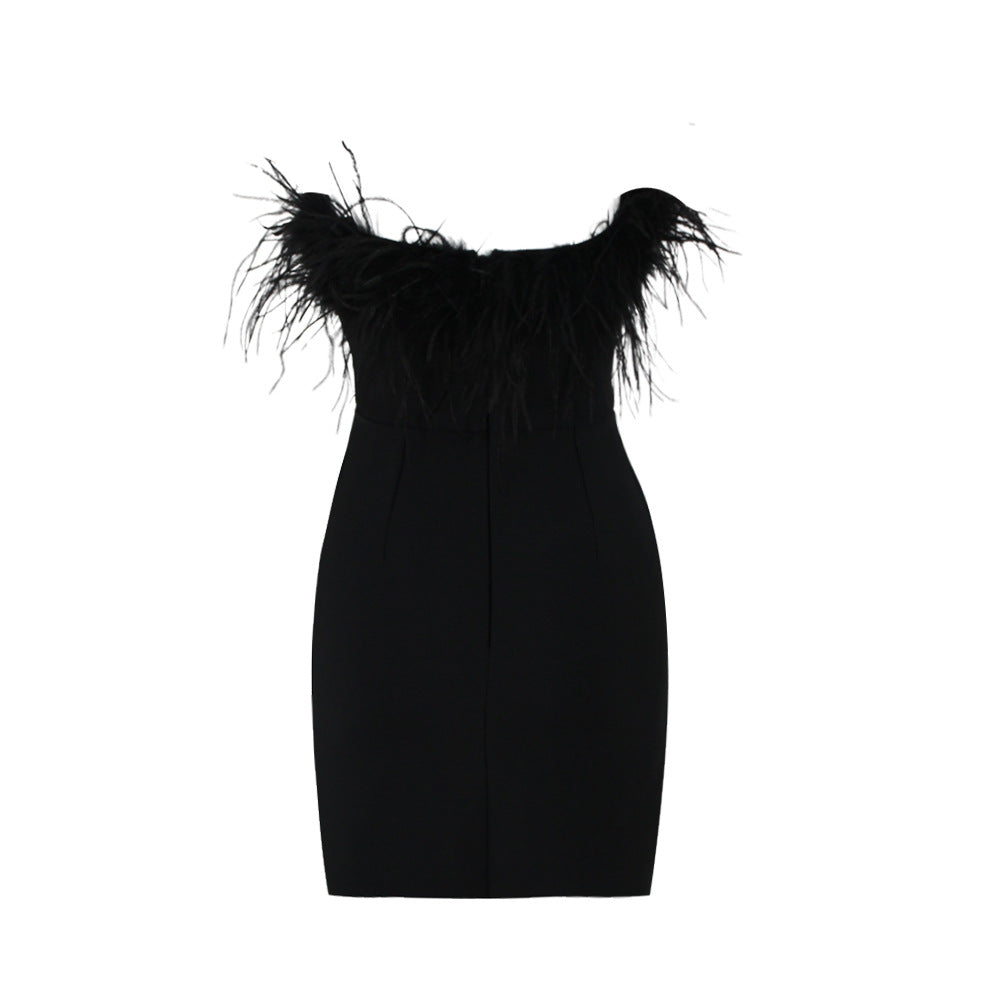 Feather Neckline Strapless Bandage Mini Dress