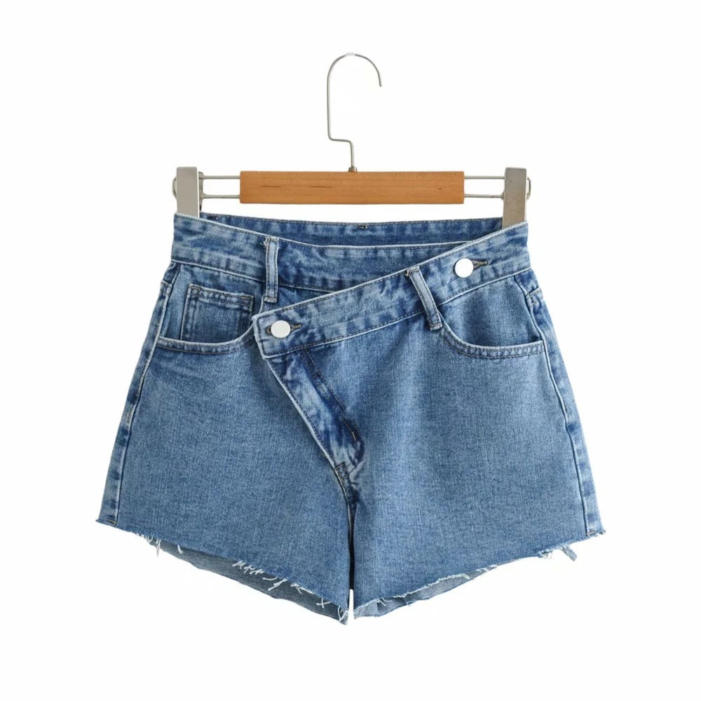 
                      
                        Asymmetric Waist Raw Edge Denim Shorts
                      
                    