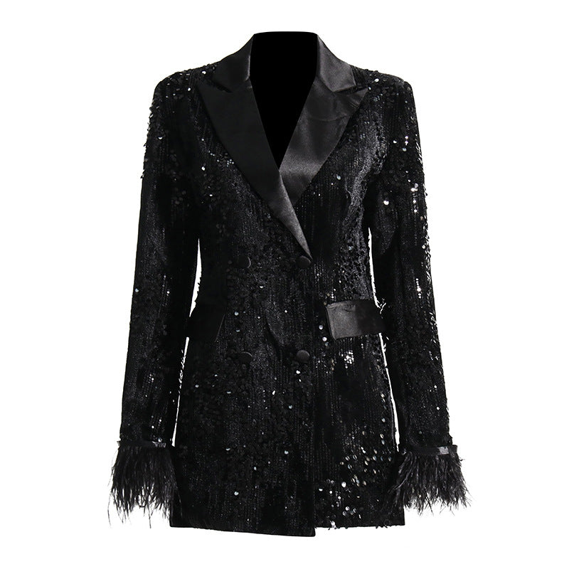 Sequin Blazer Dress with Feather Cuffs