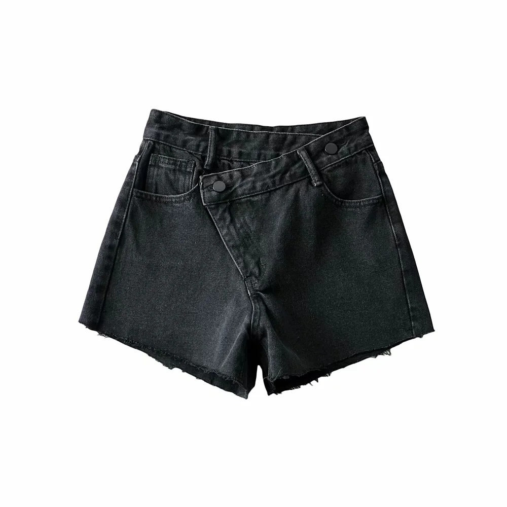 
                      
                        Asymmetric Waist Raw Edge Denim Shorts
                      
                    