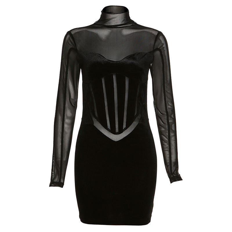 Mesh Long Sleeve Corset Bodycon Dress