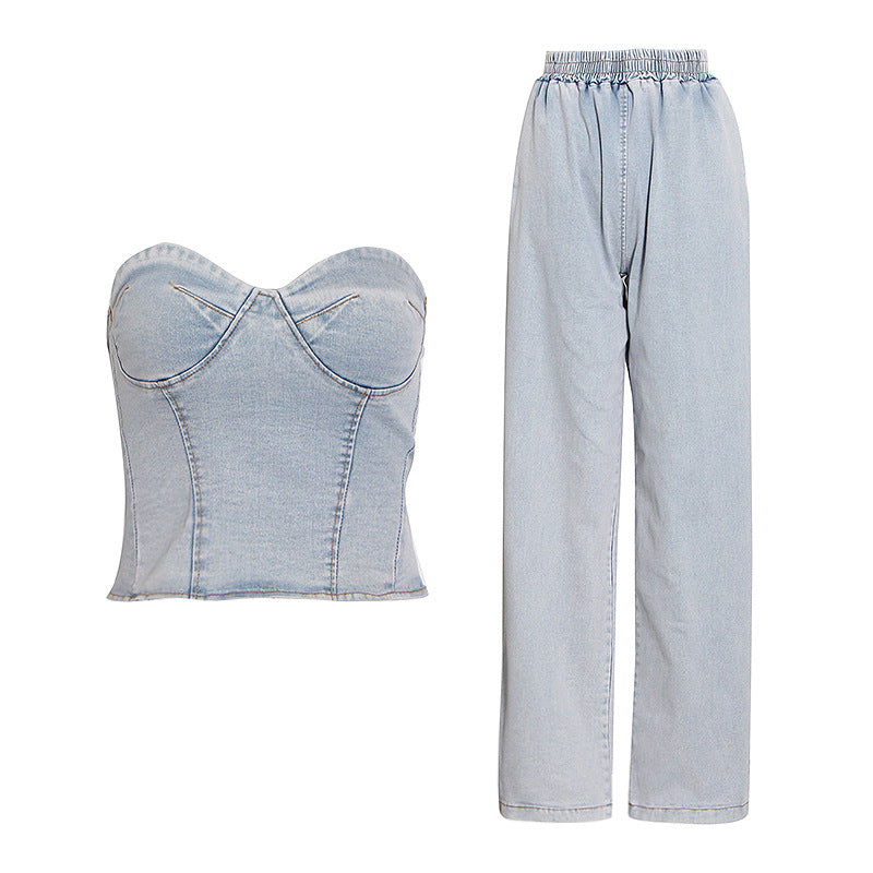 Denim Corset Tube Top and Pants Set