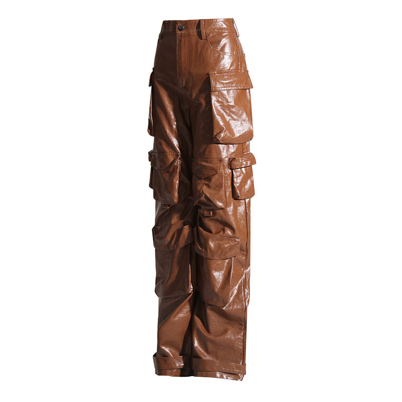 High Waist PU Cargo Pants