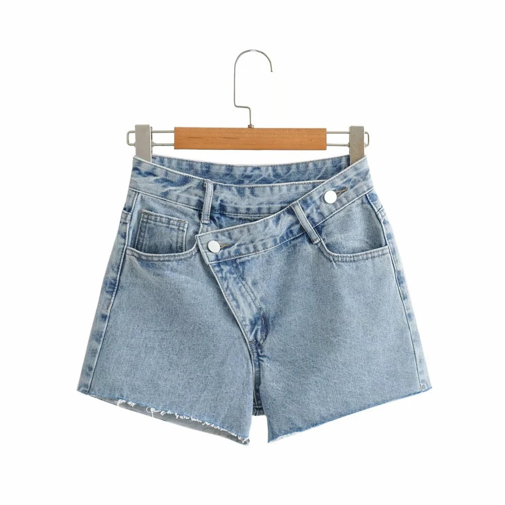 
                      
                        Asymmetric Waist Raw Edge Denim Shorts
                      
                    