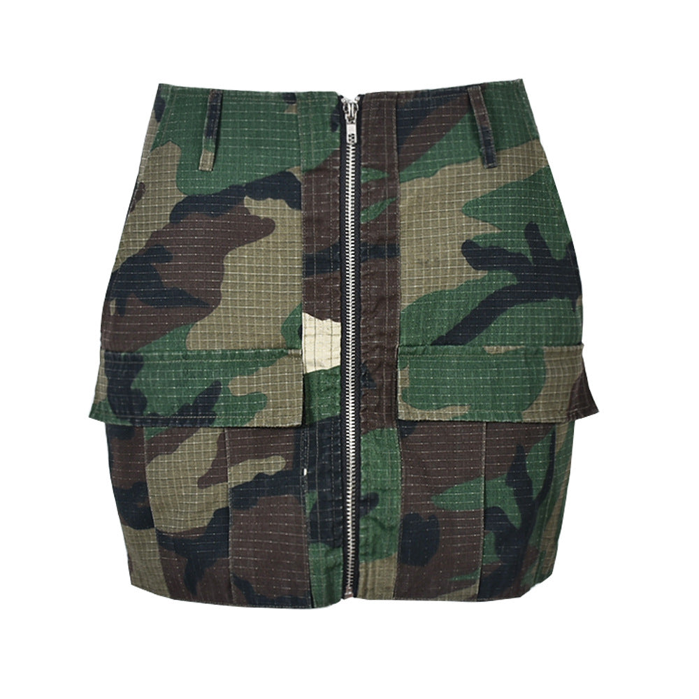 Camo Print Zipper Cargo Mini Skirt