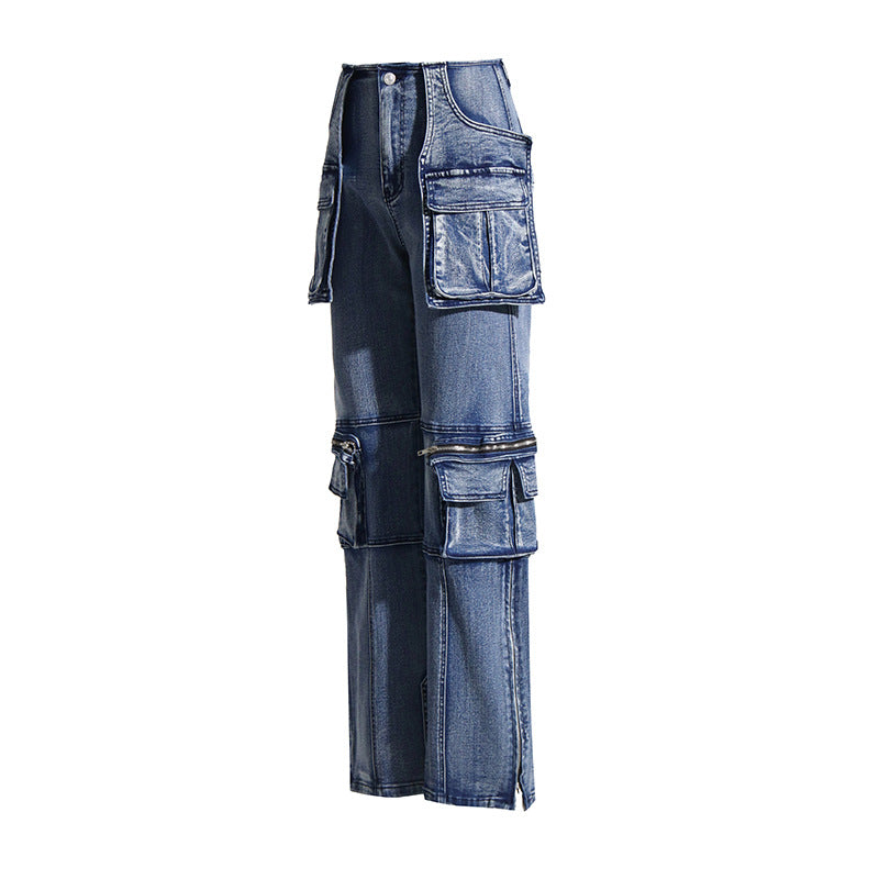 High Waist Denim Large Pocket Jeans