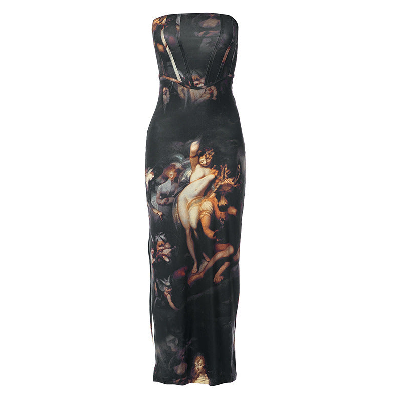 Boned Corset Top Strapless Art Deco Midi Dress