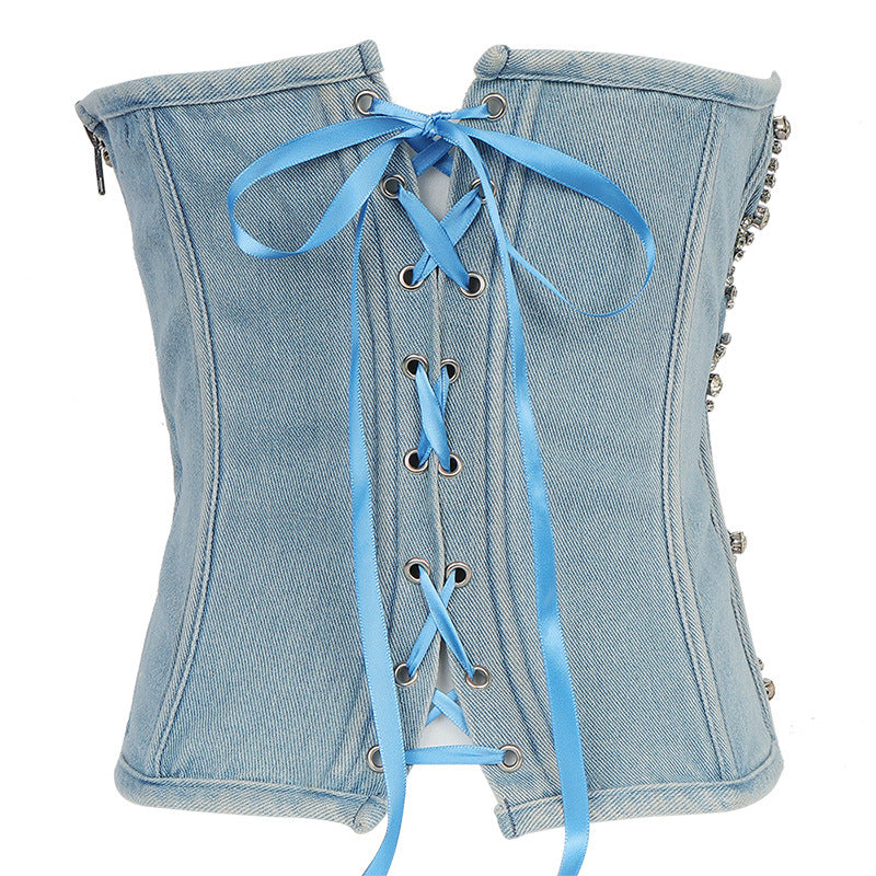 
                  
                    Rhinestone Embellished Denim Corset Top
                  
                