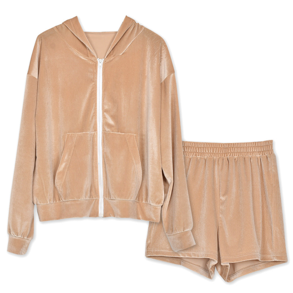 Long Sleeve Velour Hoodie Jacket and Shorts Set