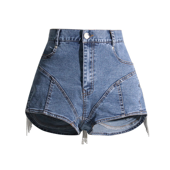 Rhinestone Tassel Back Pocket High Waist Denim Shorts