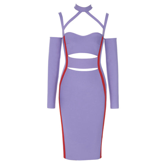 Cut Out Halter Side Stripe Bandage Dress