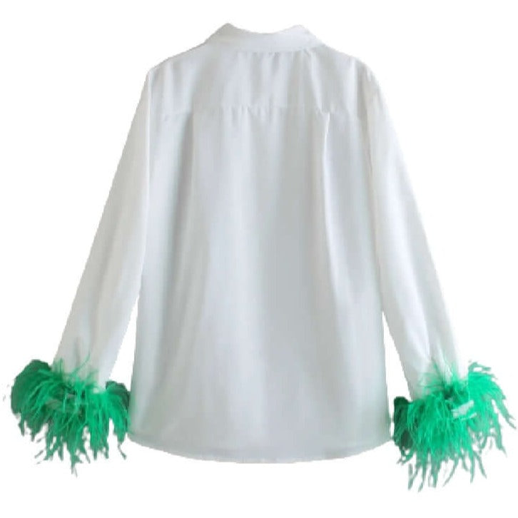 
                  
                    Button-Down Feather Trim Cuff Blouse
                  
                