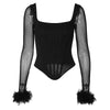 Feather Cuff Sheer Sleeve Corset Top
