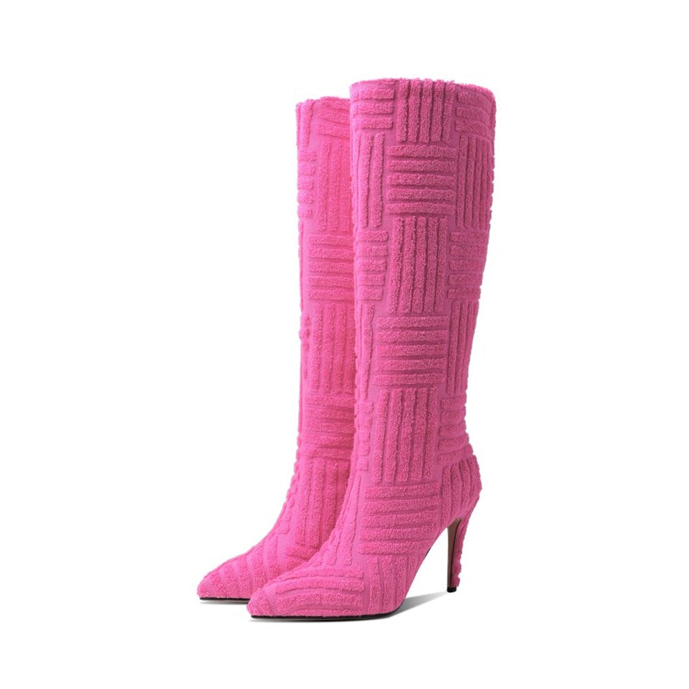 Multi Stripe Imprint High Heel Pointy Toe Boots