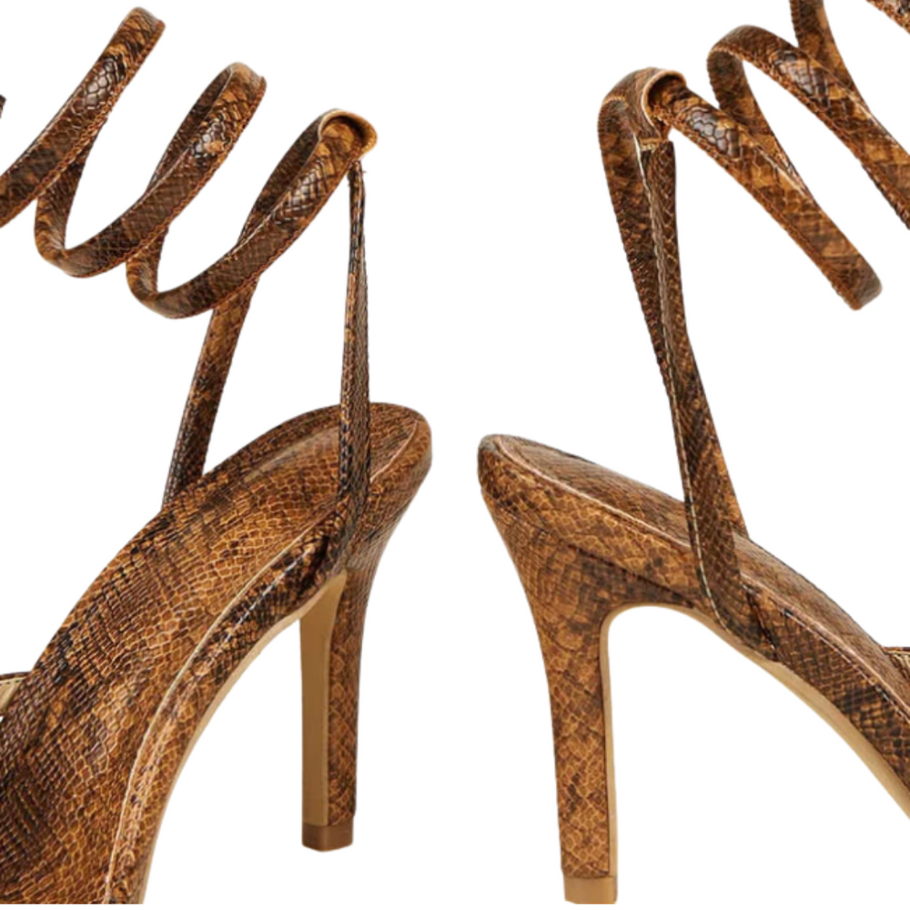 
                  
                    Brown Snakeskin Wrap Up Heels
                  
                
