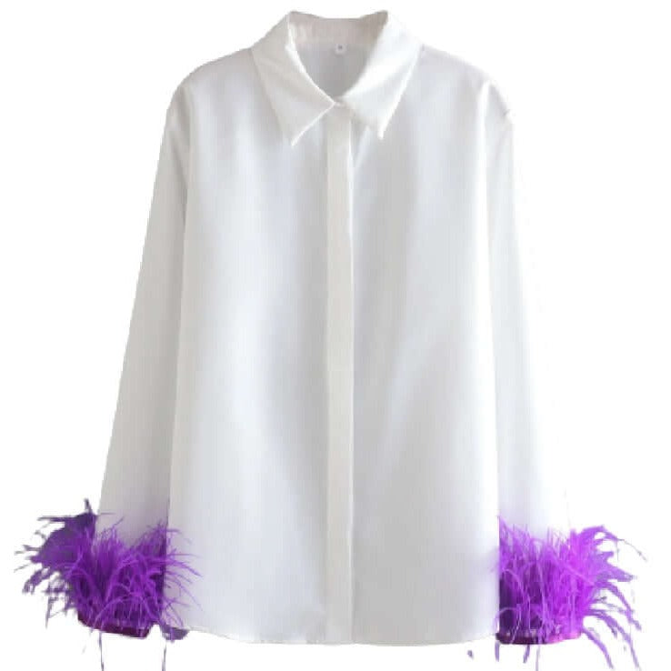 
                  
                    Button-Down Feather Trim Cuff Blouse
                  
                