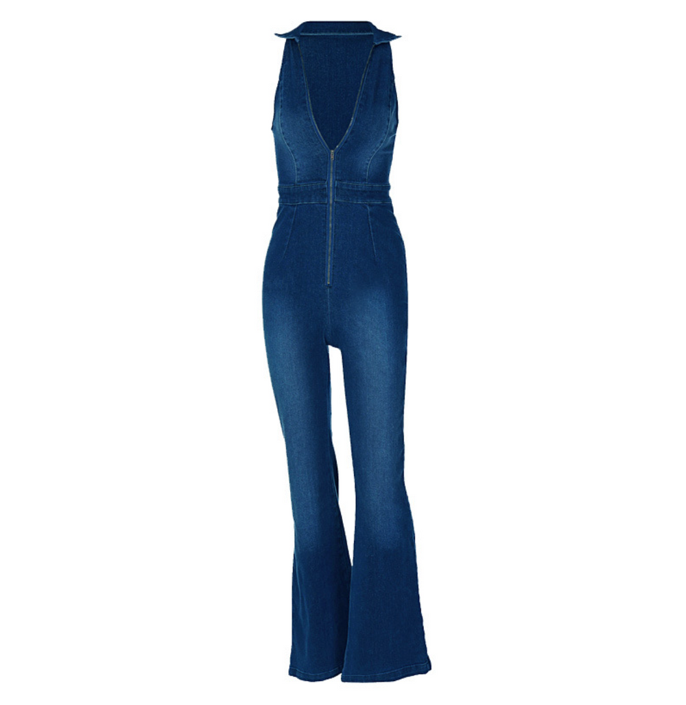 Sleeveless Exposed Zipper Denim Jumpsuit