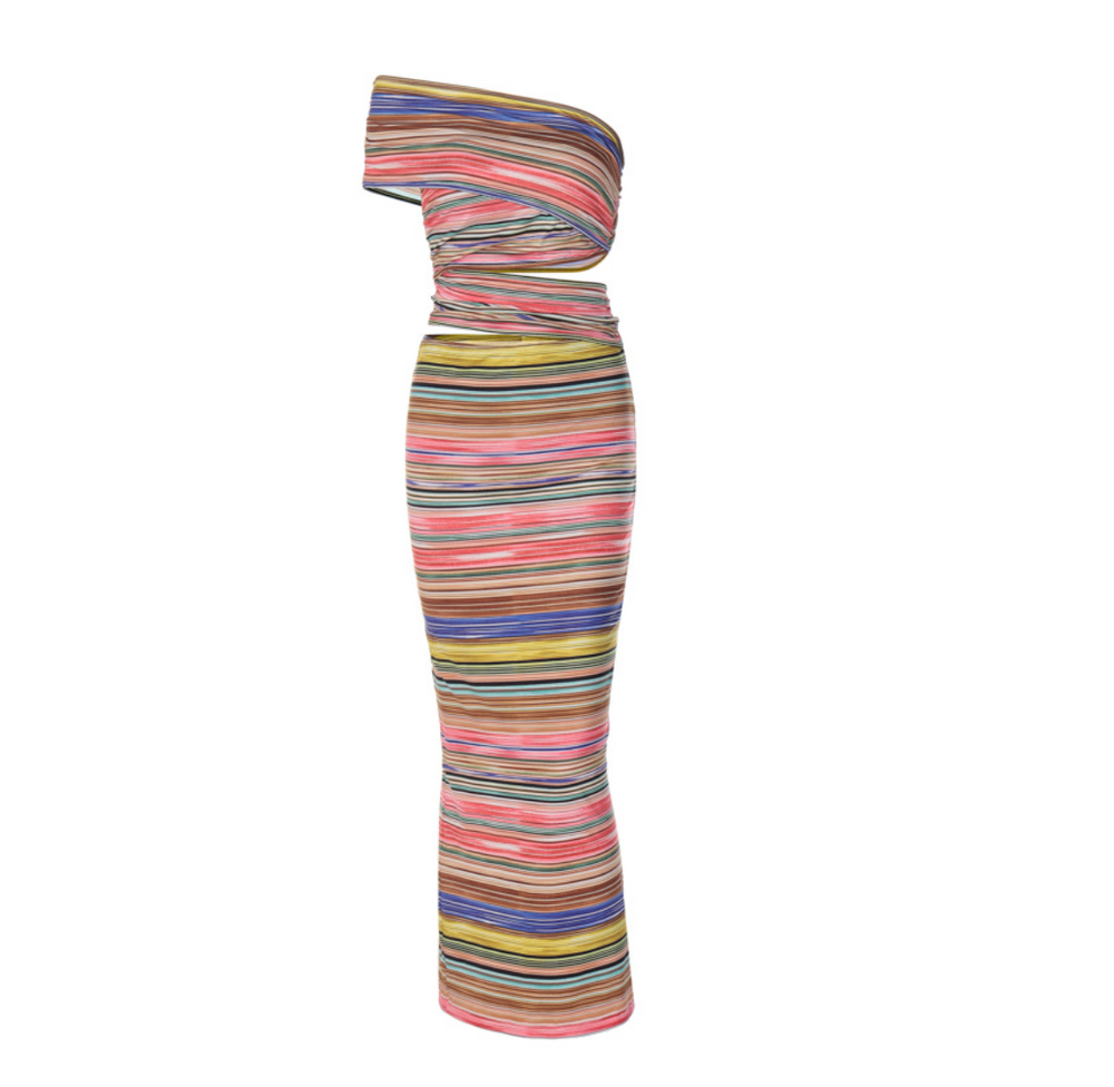 One Shoulder Multicolor Stripe Maxi Dress