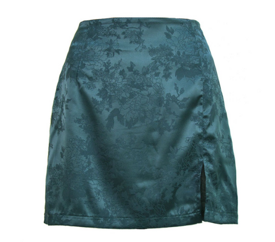Satin Jacquard Side Slit Mini Skirt