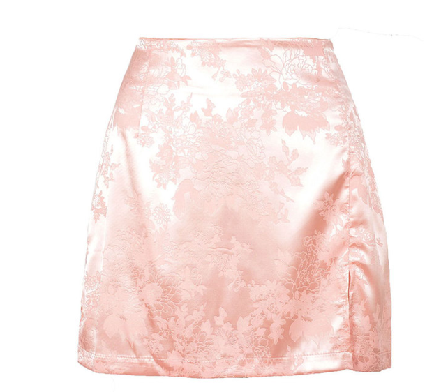 Satin Jacquard Side Slit Mini Skirt