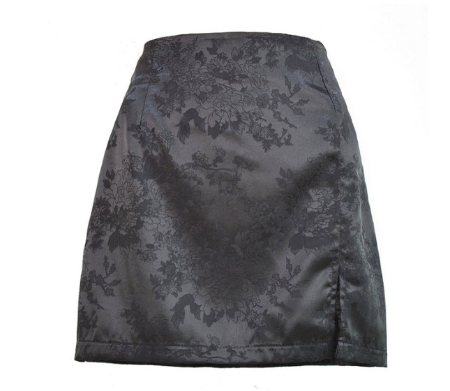 Satin Jacquard Side Slit Mini Skirt