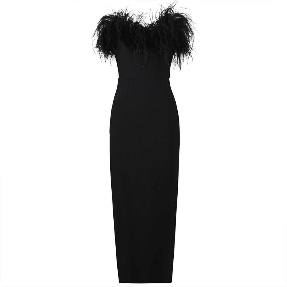 Feather Neckline Sheath Strapless Gown