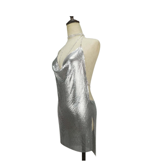 Double Slit Metallic Mini Dress